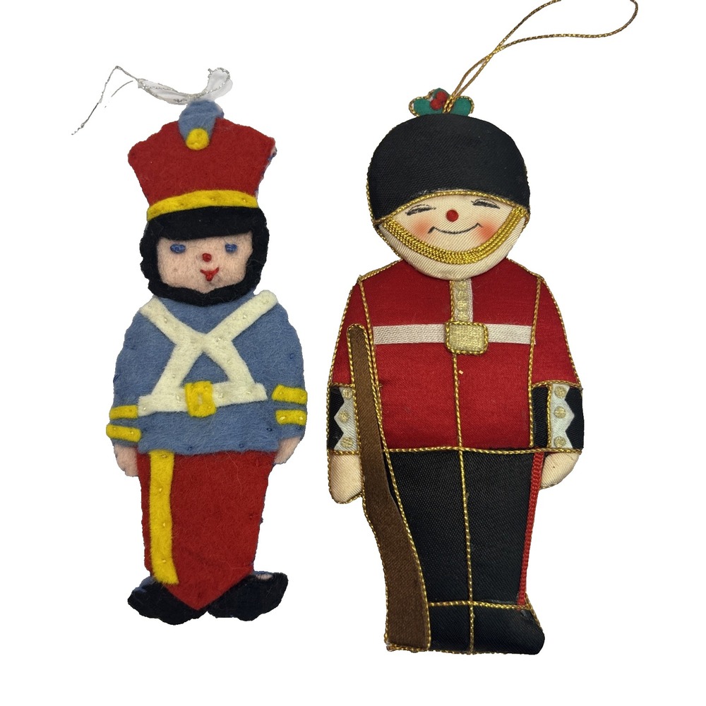 2 Vintage Pair Embroidered Fabric Classic Toy Soldier Queens Guard Ornament